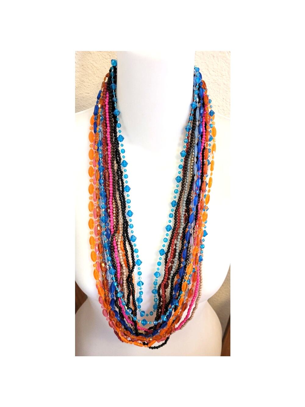 Vtg 18 Pc Plastic Beaded Necklace Lot 34" Colorful Station Strands Boho Layering